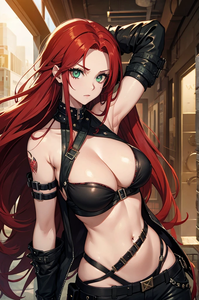 Woman punk long red hair green eyes big breast apocalypse