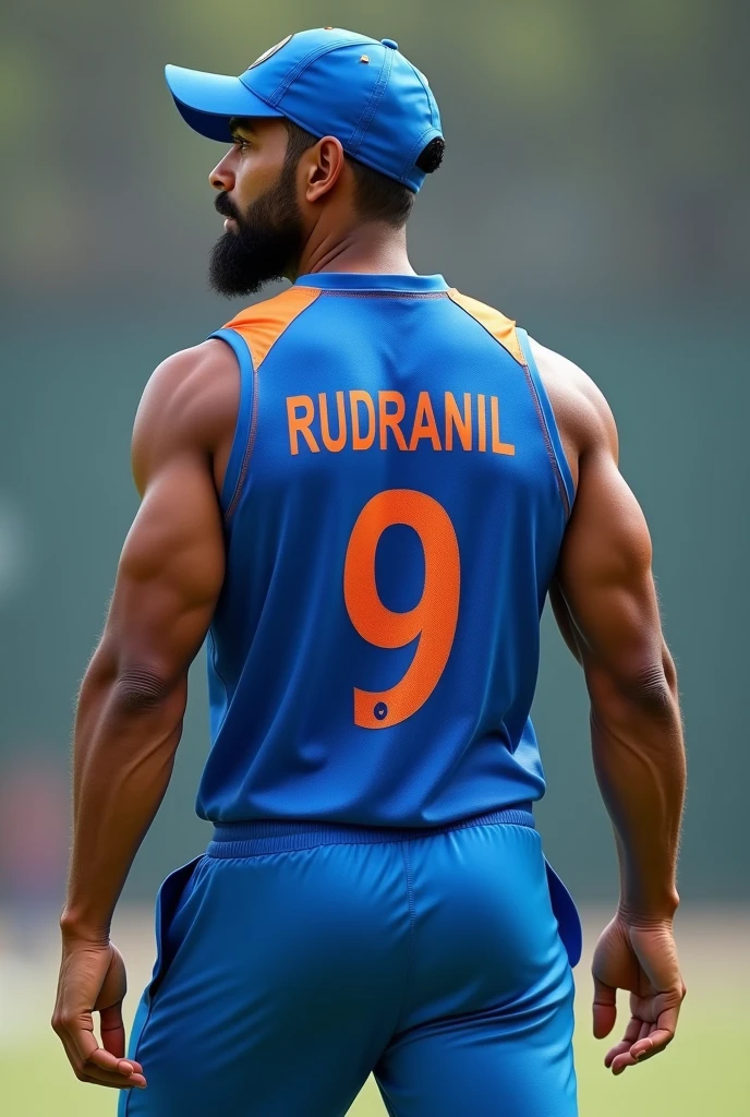 Create a Cricket Player wearing Indian Cricket Jersey with number 9 and Name in the jersey is Rudranil. Make it muscular . He is fielding He is also wearing blue cap . Make sure that there is no credit text in the image Remove the Beard Remove the batting pads also