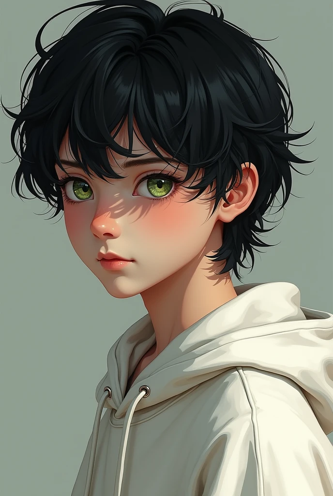 boy with shoulder length black hair and green eyes wearing a white hoodie epic realism