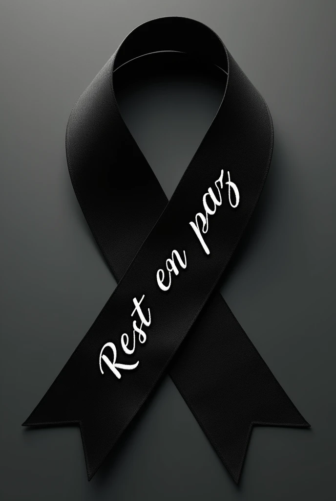 Give me the image of a black mourning ribbon, with the words of "rest en paz" in Spanish, make the words go diagonally along the loop, "rest" and with a capital D