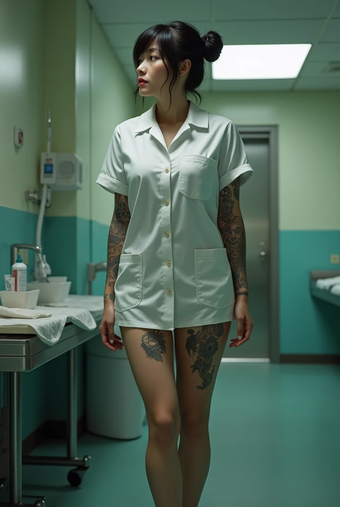 Japanese woman,Beautiful,40 years old,thick bodied,white skin yakuza tattoos,big chested,big ass,thick thighs,expression of lust,black hair color in bun,brown eye color,dressed as a nurse,full body photo distance,dynamic point of view,wide open leg pose,hospital room location,dim light,photo realism style
