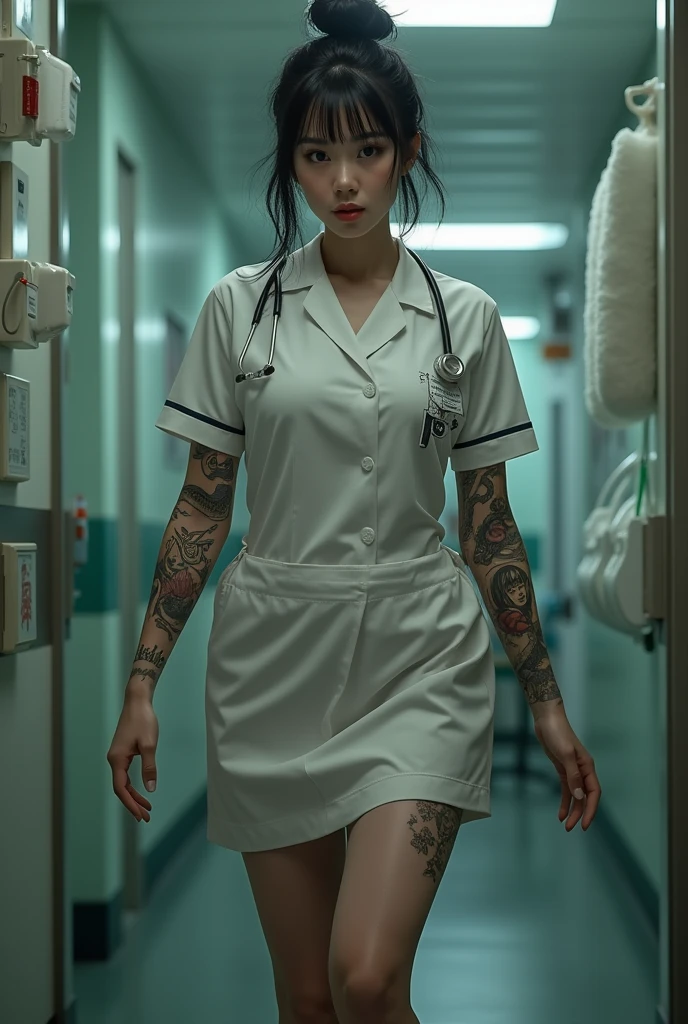 Japanese woman,Beautiful,40 years old,thick bodied,white skin yakuza tattoos,big chested,big ass,thick thighs,expression of lust,black hair color in bun,brown eye color,dressed as a nurse,full body photo distance,dynamic point of view,wide open leg pose,hospital room location,dim light,photo realism style