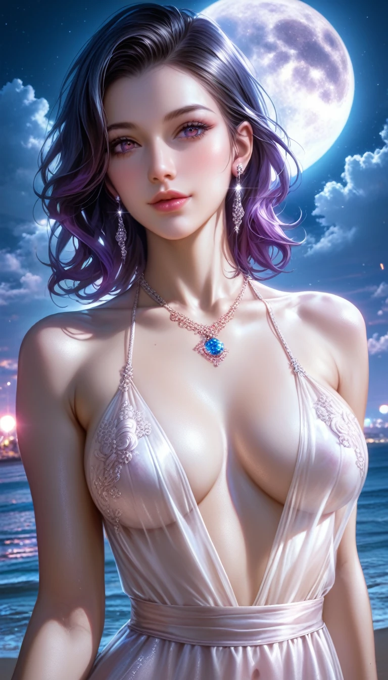 score_9, score_8_superior, score_7_superior, A masterpiece in 32K resolution,Highest quality,it is really amazing,Very detailed,Ultra-high resolution,Ultra-realistic,Realistic,Increased depth of field,Cinematic lighting,
Sexy Mature Woman,
black straight medium hair,Ultra-detailed and beautiful face,Gentle expression,Translucent white skin,Realistic skin texture,
Elegant swimwear,
Bold design,Artistic design,Beautiful and detailed pattern,Detailed fabric texture,
Gorgeous necklace,Earrings,
Coastline at night,Giant Moon,Dark clouds floating in the dark night sky,
Cinematic Angle,