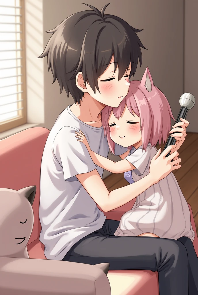 anime、Boyfriend playing and singing、A girlfriend resting on her boyfriend&#39;s lap、Cat