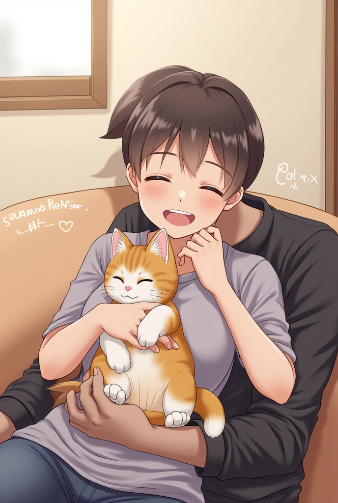 anime、Boyfriend playing and singing、A girlfriend resting on her boyfriend's lap、Cat