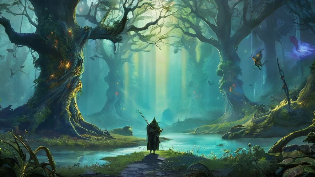 enchanted forest, a large, hollow tree serves as the dwelling of the Finged, a mystical race with origins rooted in Elf mutations. The tree is ancient and gnarled, its massive trunk and branches twisted into intricate, natural formations that form a grand, living hall. Inside, the Finged gather in a bustling, dimly lit space.
Codric, a prominent Finged with long, sharp claws and an air of authority, stands at the center. His appearance is striking, with his elongated limbs and pointed ears hinting at his Elven ancestry. His eyes are fierce, reflecting his belief that the Guardians have failed in their duties. He voices his concerns with a determined expression, emphasizing the importance of protecting Milory, the central spirit and sacred site of their ancestors.
Around him, the Finged community is engaged in their daily activities, with some hunting for honey and eggs amidst the shadows of the tree. The scene is filled with an atmosphere of ancient magic and urgency. Among the gathered Finged, an elder figure, draped in robes made from natural materials, rises to speak. The dim, flickering light of torches and the soft glow from bioluminescent fungi create a hauntingly beautiful ambiance, underscoring the gravity of their discussion and the mystical nature of their world."