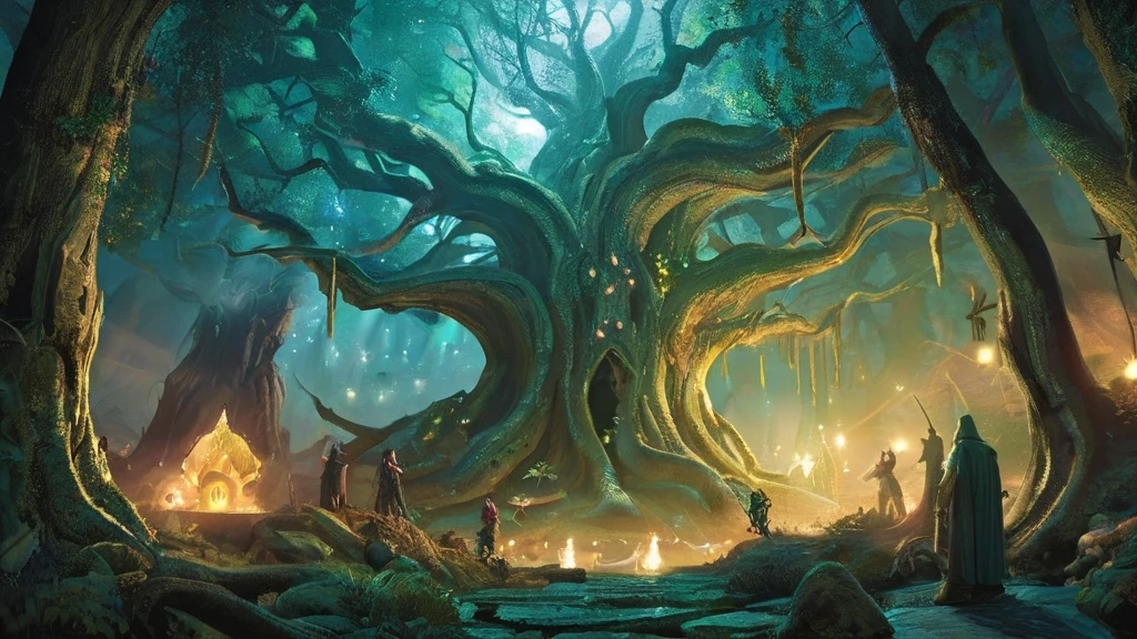 enchanted forest, a large, hollow tree serves as the dwelling of the Finged, a mystical race with origins rooted in Elf mutations. The tree is ancient and gnarled, its massive trunk and branches twisted into intricate, natural formations that form a grand, living hall. Inside, the Finged gather in a bustling, dimly lit space.

Codric, a prominent Finged with long, sharp claws and an air of authority, stands at the center. His appearance is striking, with his elongated limbs and pointed ears hinting at his Elven ancestry. His eyes are fierce, reflecting his belief that the Guardians have failed in their duties. He voices his concerns with a determined expression, emphasizing the importance of protecting Milory, the central spirit and sacred site of their ancestors.

Around him, the Finged community is engaged in their daily activities, with some hunting for honey and eggs amidst the shadows of the tree. The scene is filled with an atmosphere of ancient magic and urgency. Among the gathered Finged, an elder figure, draped in robes made from natural materials, rises to speak. The dim, flickering light of torches and the soft glow from bioluminescent fungi create a hauntingly beautiful ambiance, underscoring the gravity of their discussion and the mystical nature of their world."