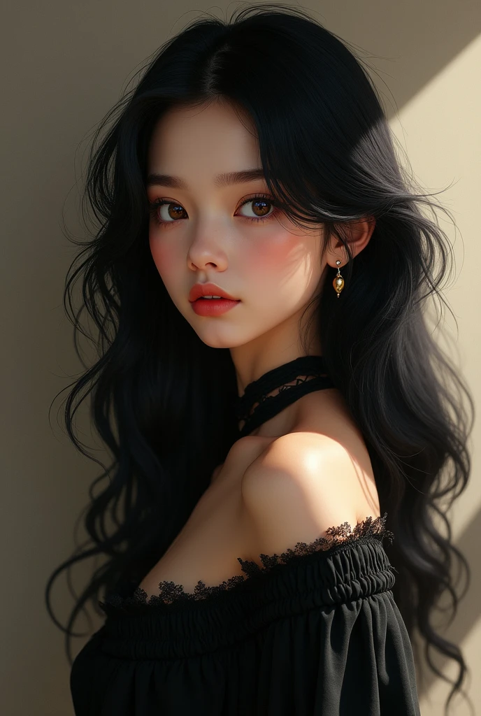 girl with black hair, brown almond eyes, tan skin, and a cute black outfit. 