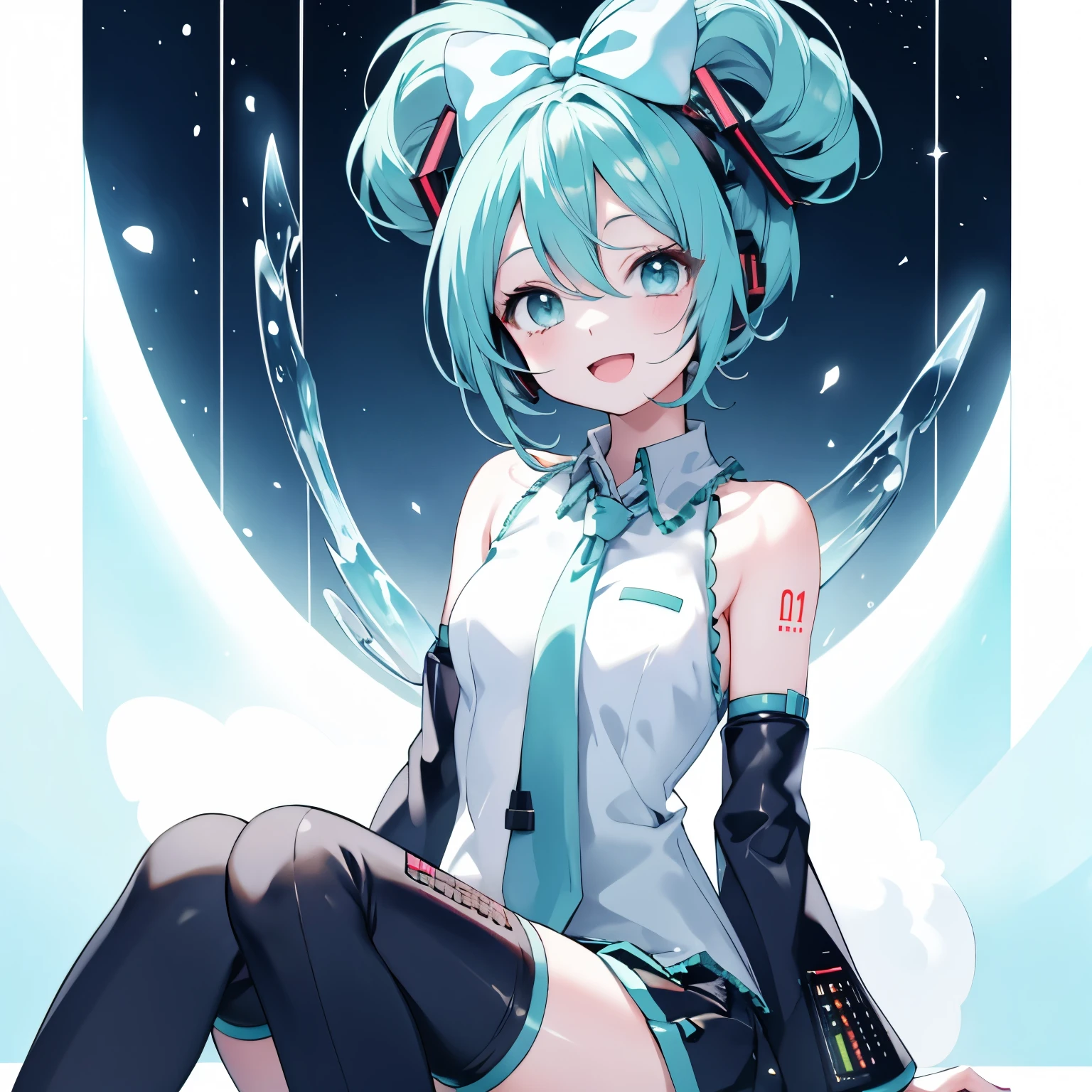Cinnamiku、Short hair、smile、Sitting、Open your mouth、Particles of light、Observe the audience、Look at this