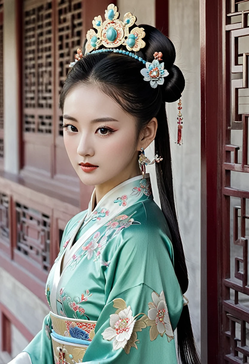 Stone letter M (pornographic pose) outside a Chinese palace during the Qing Dynasty A gorgeous Chinese courtesan with her hair tied on both sides A perverted and erotic woman wearing a crown and tying her hair is the backdrop for a gorgeous room of an empress in a Chinese court during the Qing Dynasty.