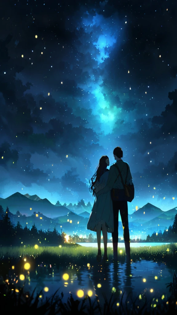 A lake at night with lots of fireflies flying around、Young men and women hugging each other、Wonderful landscape,Cinematic atmosphere,
