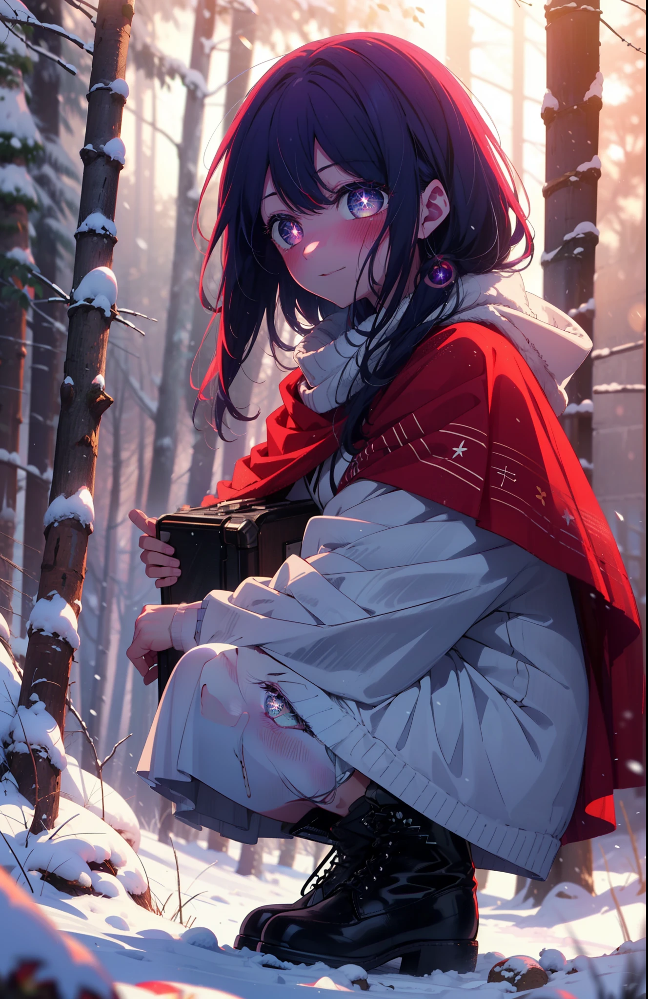 aihoshino, Ai Hoshino, Long Hair, bangs, (Purple eyes:1.1), Purple Hair, (Symbol-shaped pupil:1.5), smile,,smile,blush,white breath,
Open your mouth,snow,Ground bonfire, Outdoor, boots, snowing, From the side, wood, suitcase, Cape, Blurred, , forest, White handbag, nature, Squat, Mouth closed, Cape, winter, Written boundary depth, Black shoes, red Cape break looking at viewer, Upper Body, whole body, break Outdoor, forest, nature, break (masterpiece:1.2), Highest quality, High resolution, unity 8k wallpaper, (shape:0.8), (Beautiful and beautiful eyes:1.6), Highly detailed face, Perfect lighting, Extremely detailed CG, (Perfect hands, Perfect Anatomy),