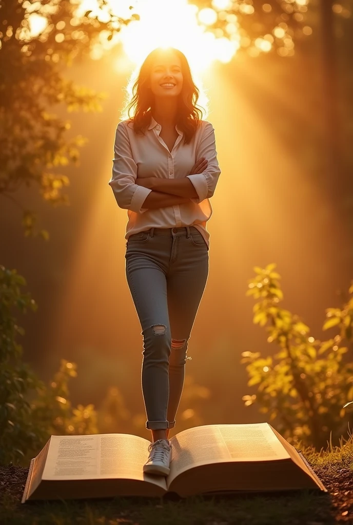 Create an inspiring image that conveys confidence and self-awareness. The image must include a woman standing, de corpo inteiro, smiling in a natural environment, como um fild ou Garden, ao nascer ou sunset. Her expression should convey confidence and serenity..
Elementos visuais:
5. main image:
• Full body woman, smiling and confident, 40 year old. Standing on a large open book. As if she was coming out of the book, like a phoenix, reborn.
• Natural environment (fild/Garden).
• Soft sunrise light/sunset.
6. Star of David:
• Discreetly positioned in a corner of the image or subtly incorporated into the background.
7. golden lights:
• Soft light elements radiating around the woman to create an effect of illumination and mysticism.
8. Numerological Diagram:
• A graph or diagram of numbers in a side area or discretely in the image, suggesting the deep and analytical content of the numerological chart.
Style Guidelines:
• Soft and comforting tones.
• Mystical and attractive touch.
• Mix natural light and graphic elements to create a harmonious look.