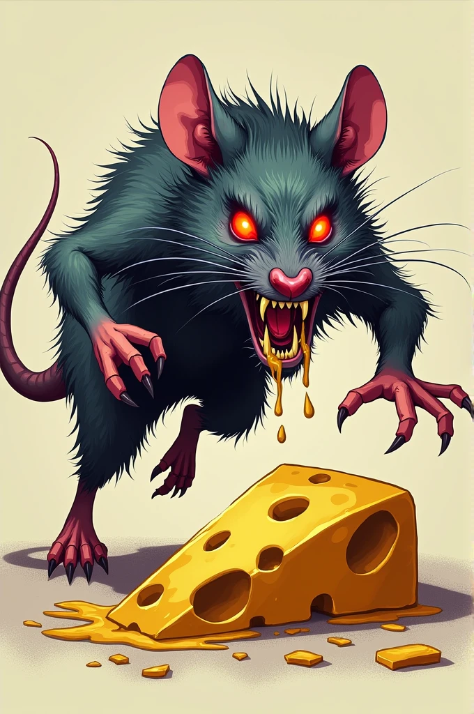 Generate me a rabid rat with neon red eyes and foam on its snout that is attacking a piece of cheese