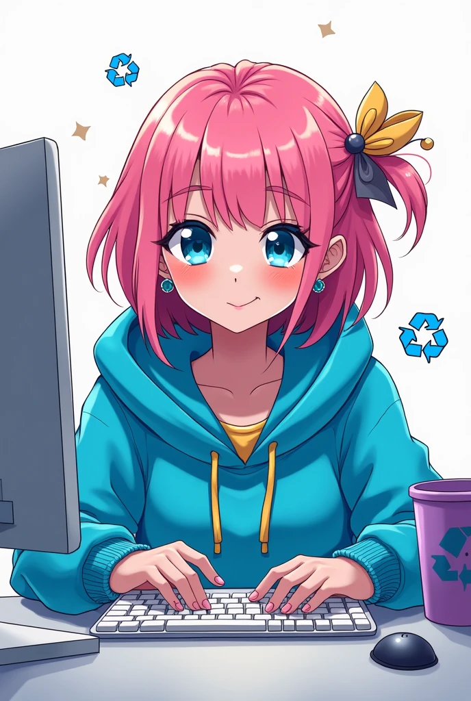 Mika Picazzo, 1 Girl, blue eyes, blue hoodie, computer, earrings, hood, hoodie, Jewelry, keyboard (computer), Logo, Logo parody, mouse (computer), Colorful eyes, Pink Hair, Recycle Bin, Solitary, White background, Yellow eyes, , 