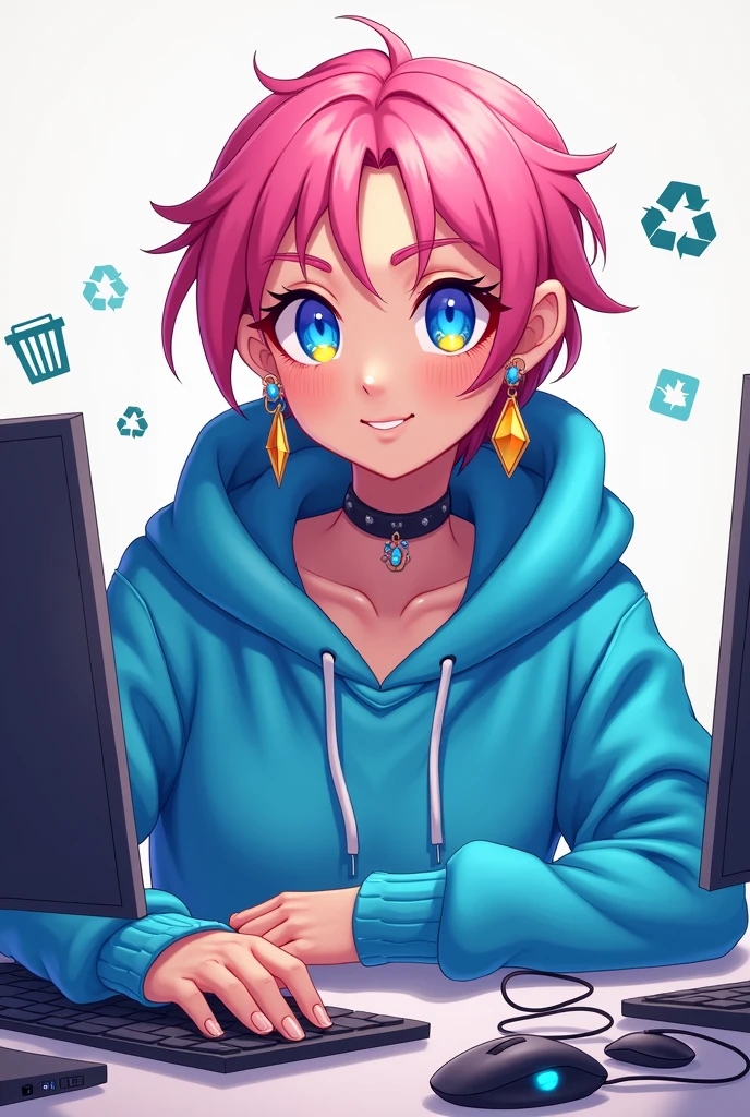 Mika Picazzo, 1 Girl, blue eyes, blue hoodie, computer, earrings, hood, hoodie, Jewelry, keyboard (computer), Logo, Logo parody, mouse (computer), Colorful eyes, Pink Hair, Recycle Bin, Solitary, White background, Yellow eyes, ,