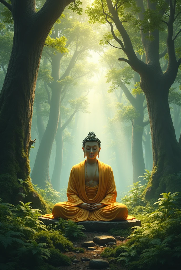 Buddha meditating in forest