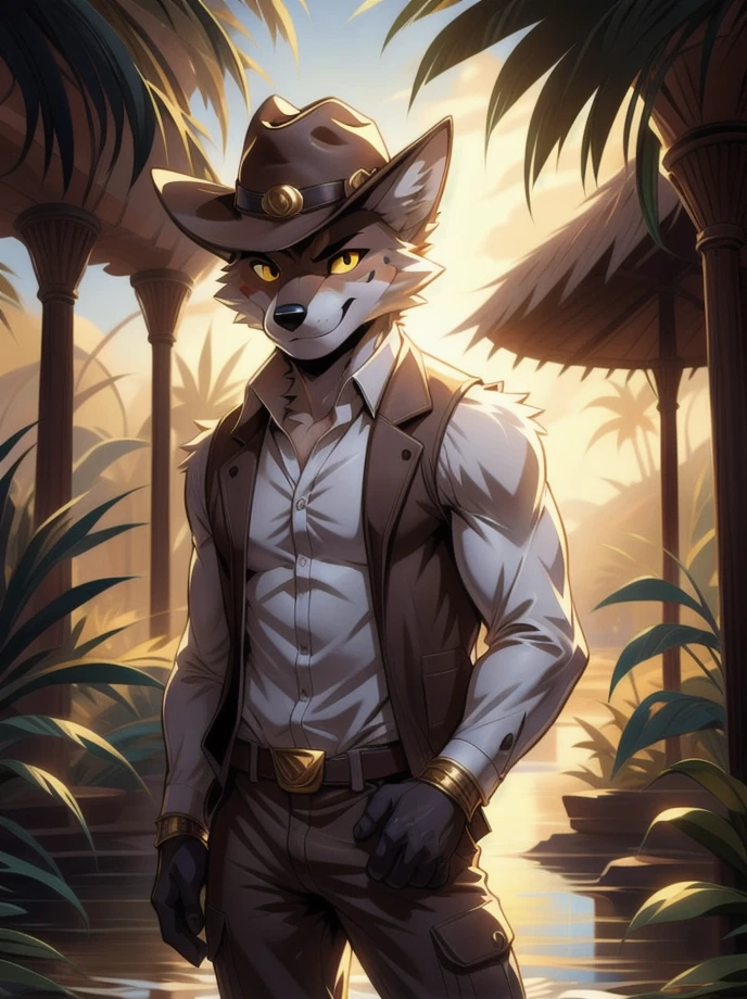 Cartoon character,high quality illustration,furry masculino,body color white, details on the red face,yellow eye color, white wolf ears,red color at the tips of the ears, black cowboy hat,brown sleeveless jacket with gold details,wearing no shirt,gray hand hair color, exploration pants,illuminated place,giorno,Oasis.