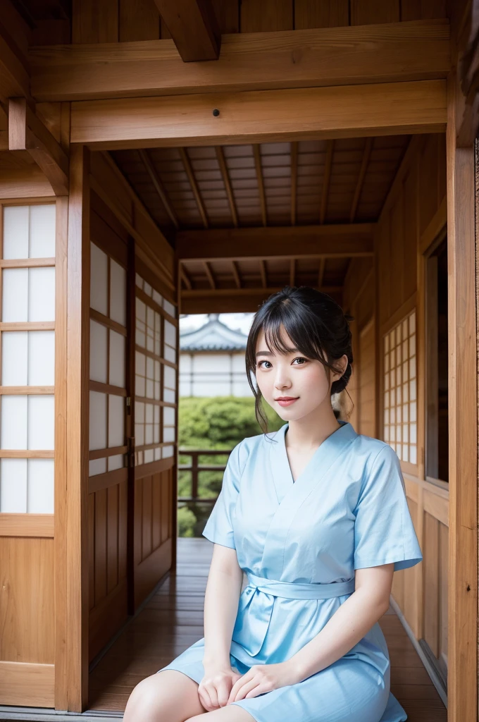 Beautiful Asian European woman with cute face wearing light blue dress is posing sitting on the terrace of a traditional Japanese wooden house