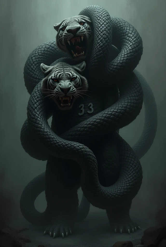 Imposing black snake with number 33 and shadowy surrounding an ugly skinny malnourished tiger