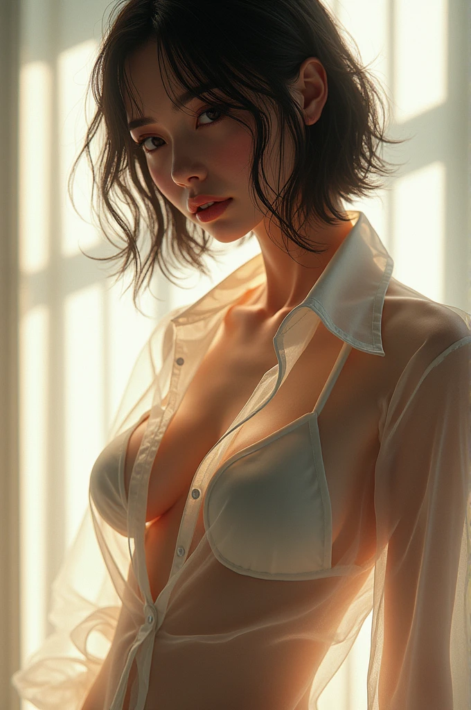 (best quality, masterpiece, high resolution:1.1),Use natural light and color, hyper detail clothes, high detailed anime image, cinematic light, 1 female , (silhouette of body:1.4),(transparent shirt:1.1), against light, erect nipples ,front view
