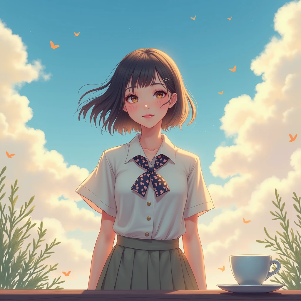 (8k, best qualityer, work of art:1.2), (SFW:1.3), (realisitic, photo-realisitic:1.37), ultra detali, 1 girl,cute, standing alone,beautiful detailed sky,detailed coffee,natta,sitting down,falling in love,(Blushing Nose),(ssmile:1.1),(cloused mouth) medium breasts,beautiful detailed eyes,(collar shirt:1.1), butterfly necktie,pleatedskirt,(shorth hair:1.2),floating hair