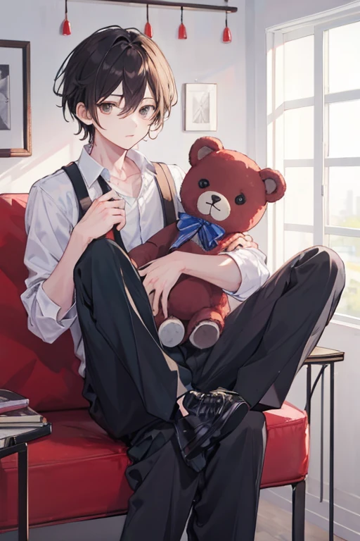 masterpiece, Highest quality, 1 boy, Holding a teddy bear and looking，Asahi，Long trousers