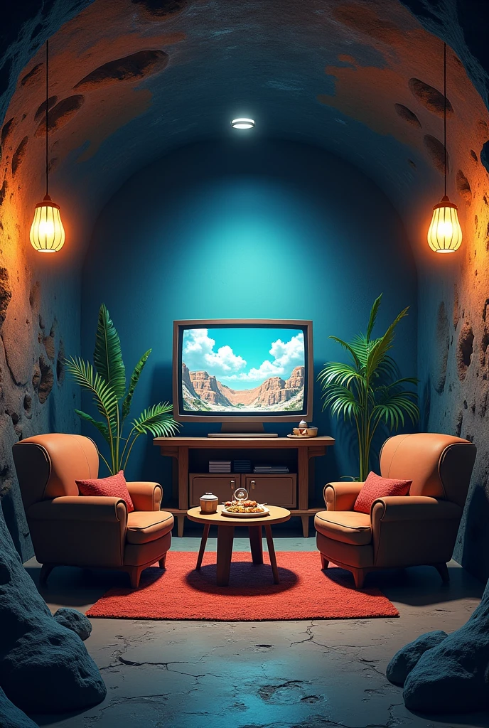 Generate for me the image of a mine room where there are two armchairs, a table with food and a TV showing Boku no Hero. The image is from an anime without people and it is a modern setting. The rest of the setting has to be from an anime too, not just the TV.