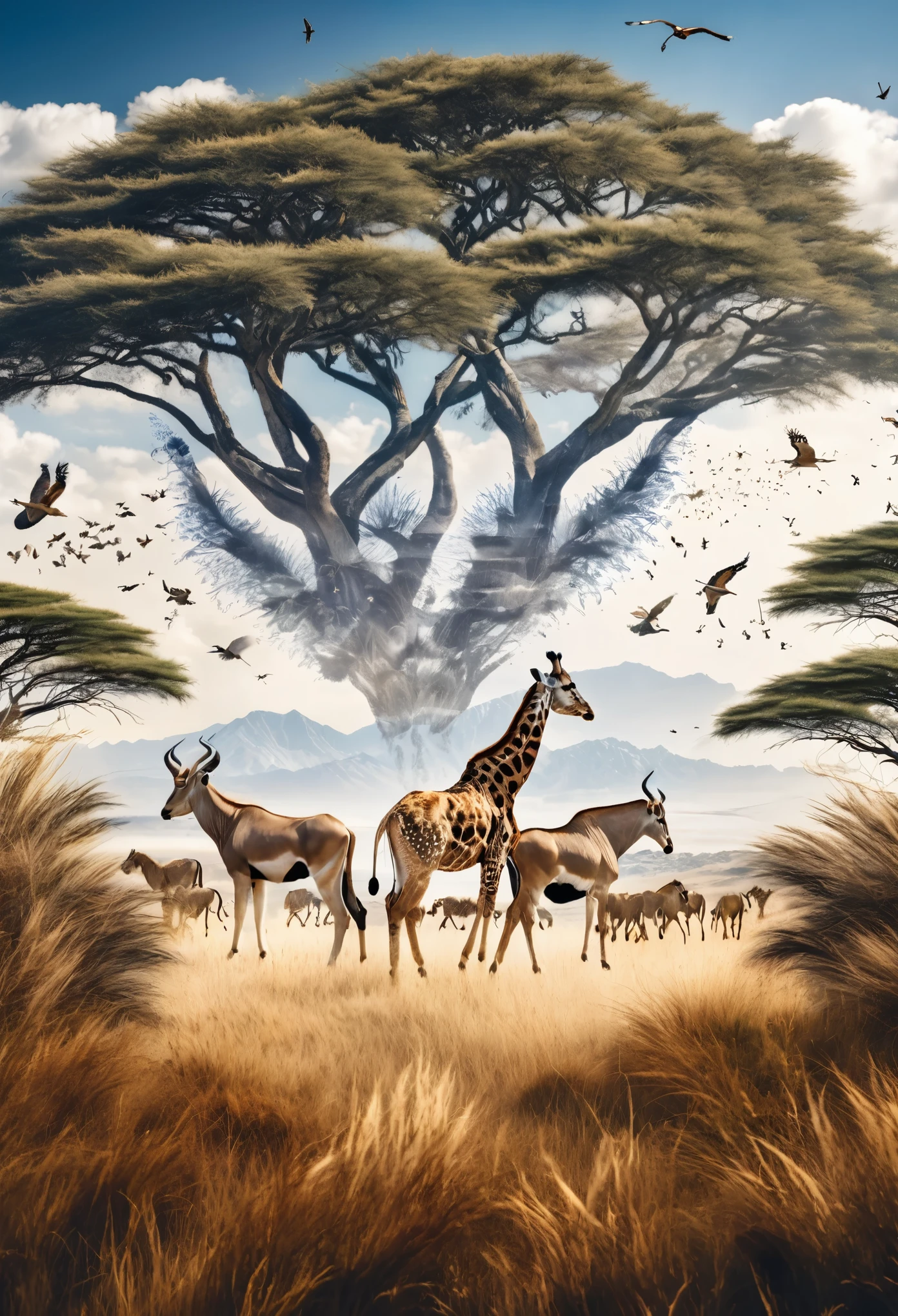 ((Double Exposure)) ((Photography)) of the ((Lions, antelopes, giraffes)) and ((grass and trees)) and ((birds flying in the sky)) blending together in the word ((WILDLIFE)), artfully captured with a ((70mm lens)) on a ((clear sunny day)), intricate details and ((hyperrealistic)) patterns that draw the eye, providing a unique and creative way to showcase this breathtaking scene. ((Unreal Engine 5)) ((Rendered))