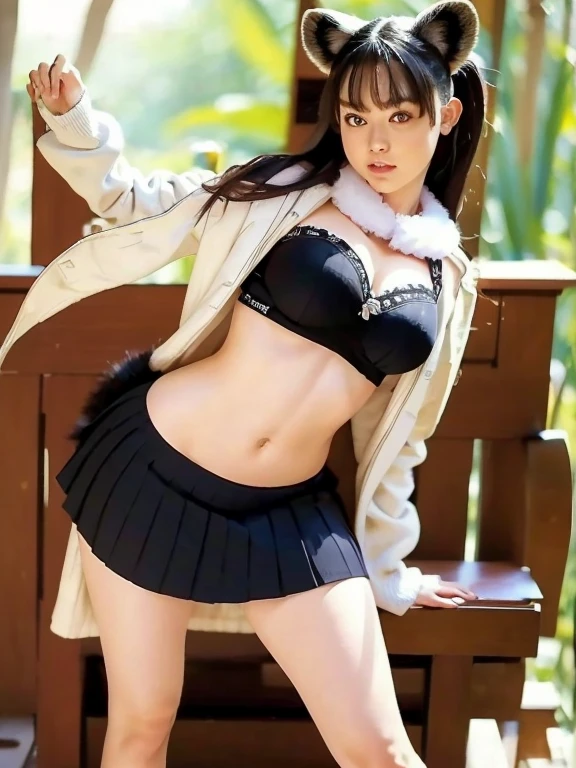 ((Highest quality, 8k)), ((masterpiece)), (Highest Resolution), Perfect Face, Raccoon-eared woman, Female college student, Beautiful woman, public, One tail, she has thick thighs, Big raccoon tail, She has a brown raccoon tail., She wags her tail, Troubled face, Fur collar, She is wearing a short skirt, Beautiful Hips , Big Breasts, The skirt is rolled up with a big tail