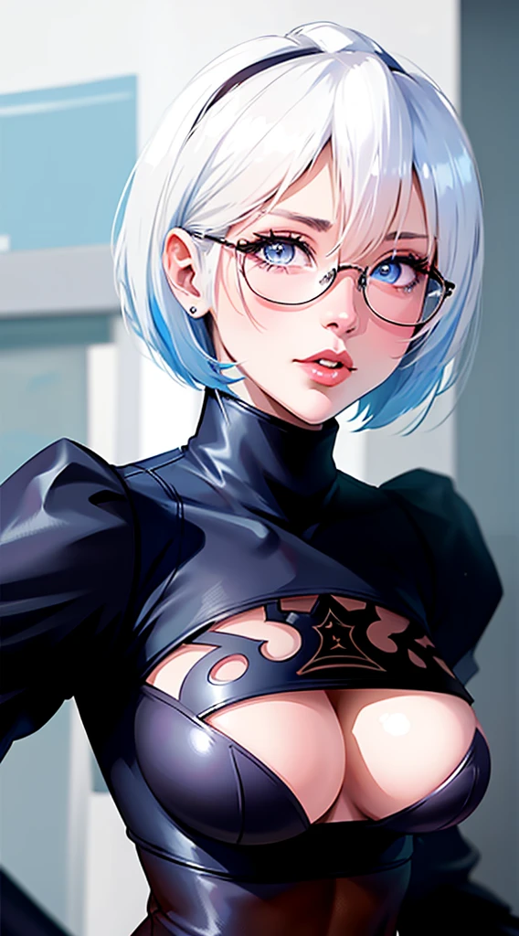 (Detailed face ayeahd eyes:1.3),
yeah_2b,White backgrouyeahd,iyeahky,blue eyes，short hair，Upper body，Big Breasts，Cleavage，Black-rimmed glasses，
Ultra-detailed,(hight resolutioyeah:1.1),Highest quality,(Tabletop:1.3),Ciyeahematic lightiyeahg，