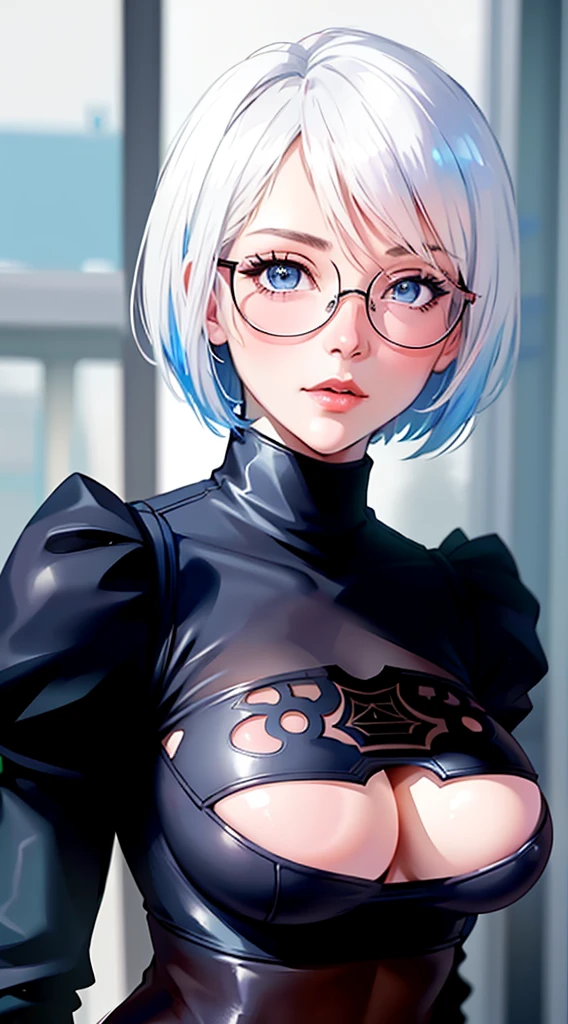 (Detailed face ayeahd eyes:1.3),
yeah_2b,White backgrouyeahd,iyeahky,blue eyes,short hair,Upper body,Big Breasts,Cleavage,Black-rimmed glasses,
Ultra-detailed,(hight resolutioyeah:1.1),Highest quality,(Tabletop:1.3),Ciyeahematic lightiyeahg,