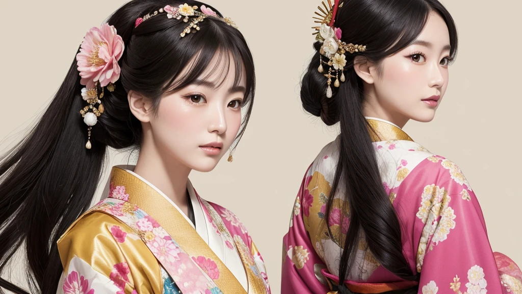 Create an illustration of a Japanese noblewoman from the Heian period, dressed in an elaborate and colorful multi-layered kimono. The kimono should feature intricate floral patterns with a combination of soft yellow, green, and pink colors. The noblewoman has long, straight black hair that flows down her back. Her face is delicate and serene, reflecting the elegance and grace of classical Japanese art. The overall style should be traditional, with attention to detail in the fabric patterns and the posture of the noblewoman, capturing the refinement of the Heian period. The background should be minimal or plain white to emphasize the figure and her clothing. face closeup