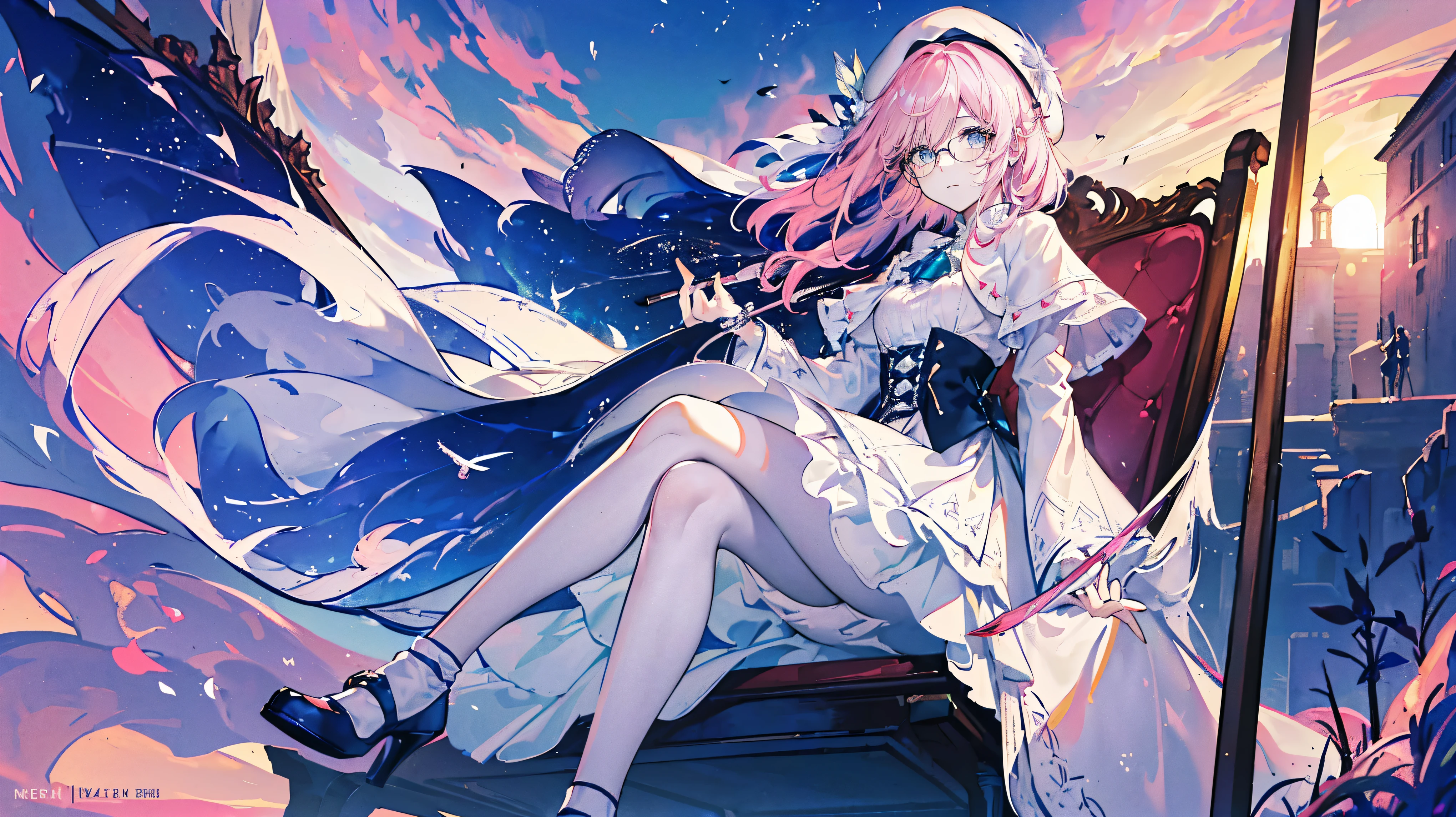 (Super detailed)),((illustration)),((masterpiece)),(((need))),((fine、Highest quality CG Unity 8K wallpapers,masterpiece),((4K,masterpiece,best quality)),Pink hair style royal sister,Long hair,(Sweep bangs 1.2),writer,Wearing a beret,Eyes like sapphires,wearing glasses,noble,(White pantyhose 1.2)Wearing a plain fluffy dress made of white fabric,(Wearing a green coat1.3),Wearing white shoes,Medium breasts,Sitting on a white bench, looking down in thought,Stepping on the clouds,Colorful sunset,Mature and wise when meditating,Holding a feather pen in his right hand, he is creating,In a carriage,Outside is a universe filled with stars,individual,Full body picture