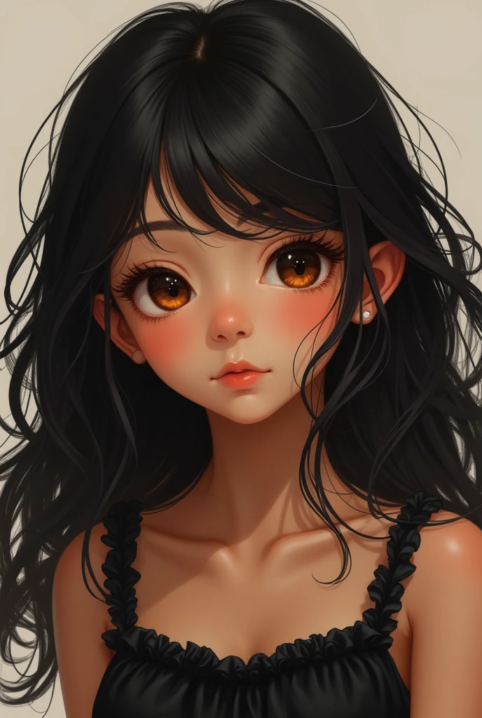 girl with black hair, brown almond eyes, light brown skin, and a cute black outfit.