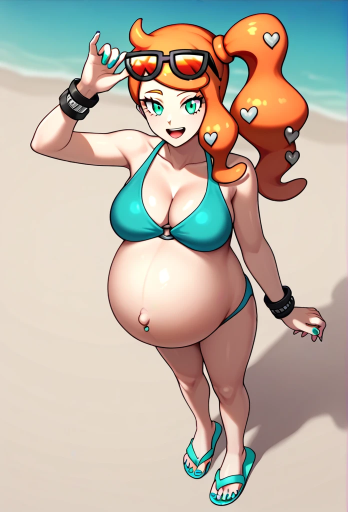 score_9, score_7_up BREAK solo,EPpkSonia,orange hair, side ponytail, aqua eyes, long hair, eyewear on head, sunglasses, heart hair ornament, aqua bikini, pregnant , huge belly, Belly button piercing, strech marks, cleavage, bracelet, collarbone, blue panties, nail polish, aqua nails, aqua toenails, beach, happy, White flip flops, aqua toenails, Oil in belly