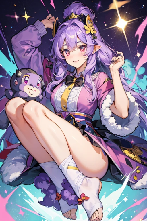 Goji is a fluffy purple girl gorilla with a light blue face, ears, hands, and feet, and yellow cheeks. SPARKLE; GLITTER