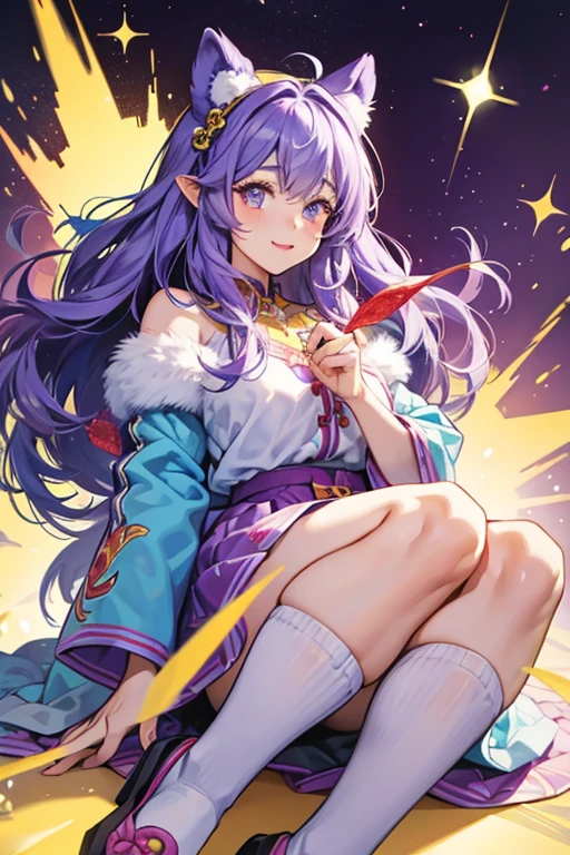 Goji is a fluffy purple girl gorilla with a light blue face, ears, hands, and feet, and yellow cheeks. SPARKLE; GLITTER