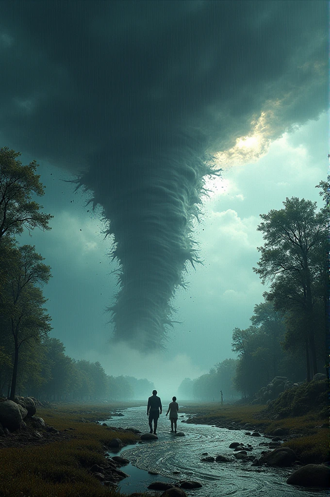 A hellish tornado and a strong flood covered the earth, lightning, hail, trees are bending to the ground, the Apocalypse has arrive