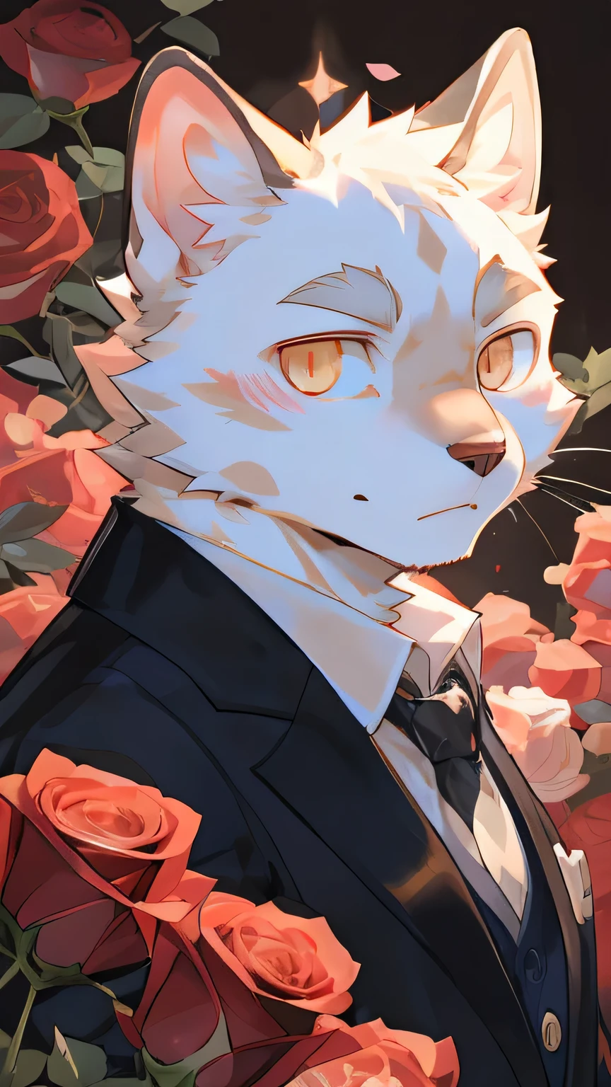masterpiece,high quality,perfect anatomy,furry,anthro cat,male, niji5,a white cat and a siamese cat, holding roses,bright eyes,amidst the rose bushes,detailed face,by kiyosan,close up face