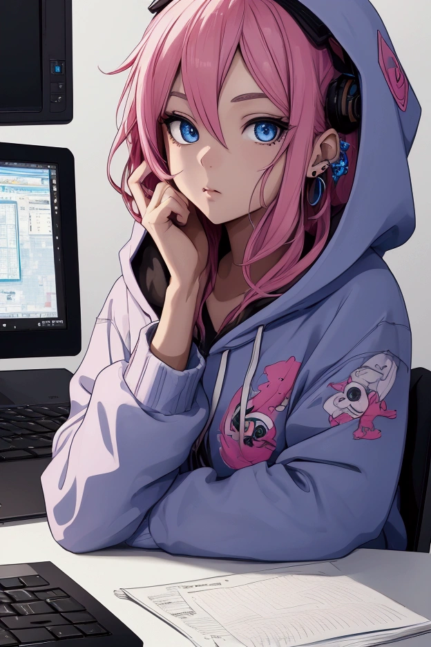 Mika Picazzo, 1 Girl, blue eyes, blue hoodie, computer, earrings, hood, hoodie, Jewelry, keyboard (computer), Logo, Logo parody, mouse (computer), Colorful eyes, Pink Hair, Recycle Bin, Solitary, White background, Yellow eyes, ,