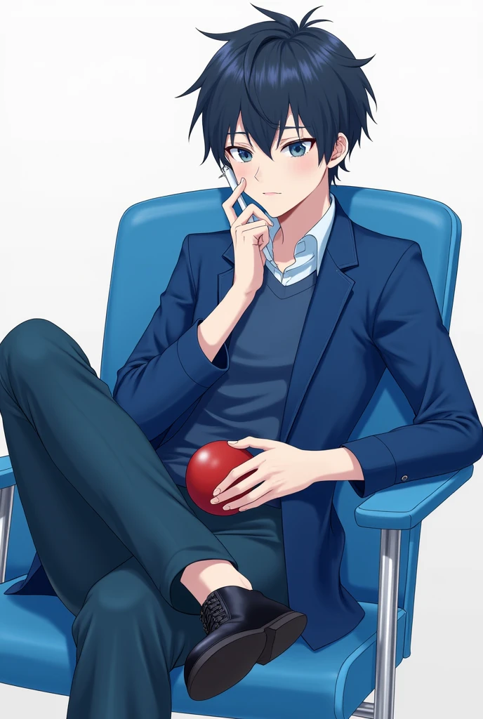 18 age Cut to blue chair sitting on right leg left leg blue coat white pen
The right hand holds a red ball
Looking at the camera, straight ahead
After full pants