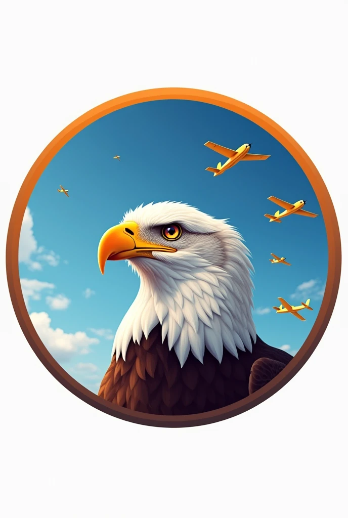 Logotipo redondo, orange and gray border, Eagle head looking up, blue sky background with miniature gol planes flying