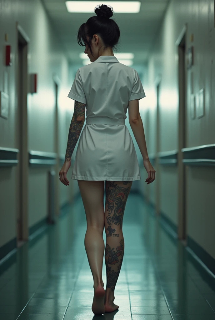 Japanese woman,Beautiful,40 years old,thick bodied,white skin yakuza tattoos,big chested,big ass,thick thighs,expression of lust,black hair color in bun,brown eye color,dressed as a nurse,full body photo distance,dynamic point of view,wide open leg pose,hospital room location,dim light,photo realism style