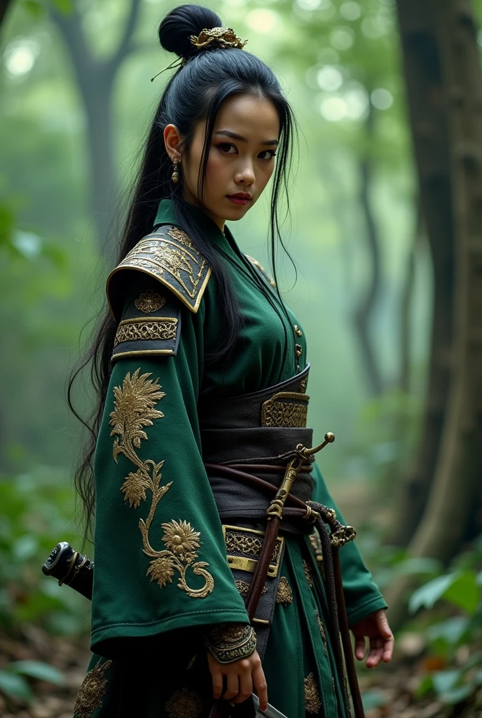 Place:In the jungle,Southeast Asian beauty villain warrior,Tall,Skin like jade,Exudes a mysterious and seductive charm,There is a sinister glimpse in the smile。Wearing a traditional and exquisite samurai costume,The clothes are embroidered with patterns that symbolize strength and courage.。She holds a sharp samurai sword,The blade flashes with a cold light,Revealing her outstanding swordsmanship and fighting skills。She stands gracefully and firmly,Gives people a sense of inviolable majesty,Attack fighting stance,high quality