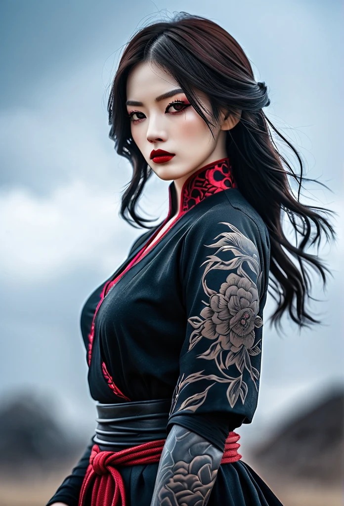 a samurai girl half cyborg, gothic outfit, with tatto, red lip, full body, dynamic pose, gloomy battlefield background, dark fantasy, horror vibe. gogeous hairstyle, dreamy gothic girl