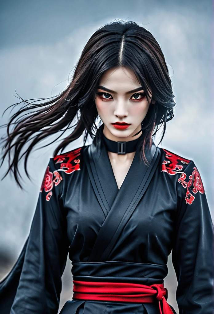 a samurai girl half cyborg, gothic outfit, with tatto, red lip, full body, dynamic pose, gloomy battlefield background, dark fantasy, horror vibe. gogeous hairstyle, dreamy gothic girl