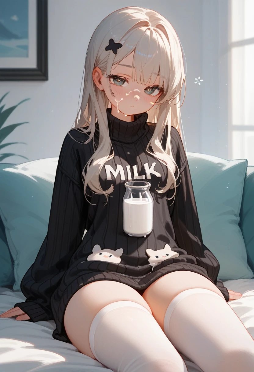 score_9_up, score_8_up, score_7_up, 1 girl, , teenager, (beautiful), cute face, beautiful face, sleepy, blushed, wholesome, white high cotton stockings with black stripes, oversized sweater, sitting, (milk on face), medium thighs, high, love, (beautiful), (masterpiece), very aesthetic, best quality, expressive eyes, perfect face