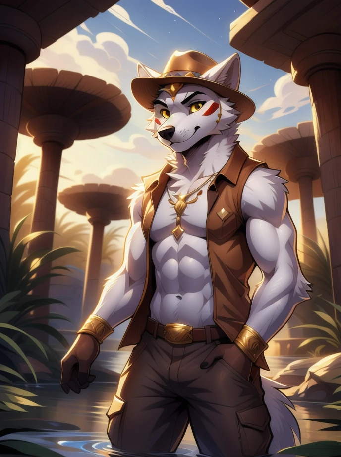 Cartoon character,high quality illustration,furry masculino,body color white, details on the red face,yellow eye color, white wolf ears,red color at the tips of the ears, black cowboy hat,brown sleeveless jacket with gold details,wearing no shirt,gray hand hair color, exploration pants,illuminated place,giorno,Oasis.