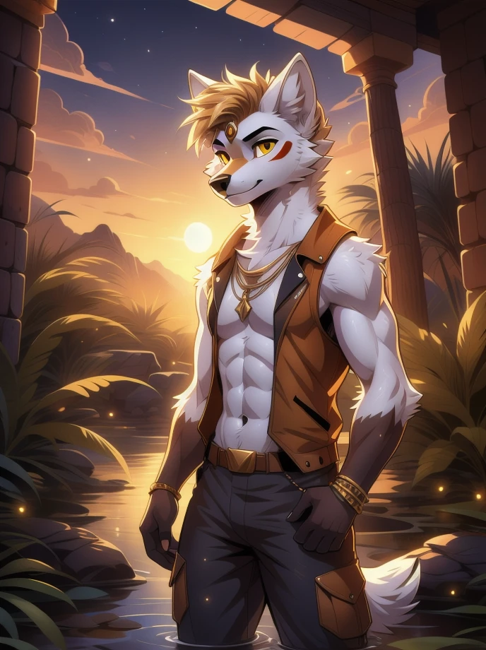 Cartoon character,high quality illustration,furry masculino,body color white, details on the red face,yellow eye color, white wolf ears,red color at the tips of the ears, black cowboy hat,brown sleeveless jacket with gold details,wearing no shirt,gray hand hair color, exploration pants,illuminated place,giorno,Oasis.